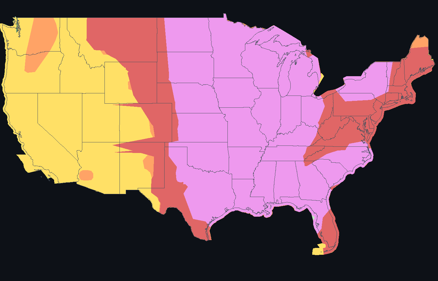 Map of the lower 48 states showing the most severe categorical outlook ever issued for each location