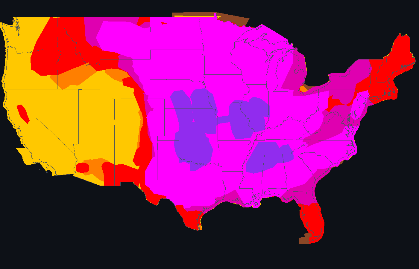 Map of the lower 48 states showing the highest large hail probability ever issued for each location