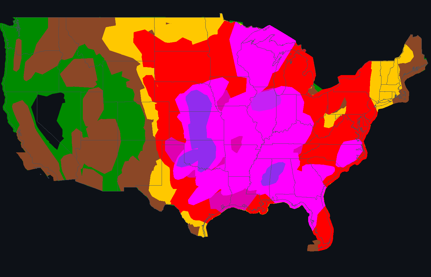 Map of the lower 48 states showing the highest tornado probability ever issued for each location