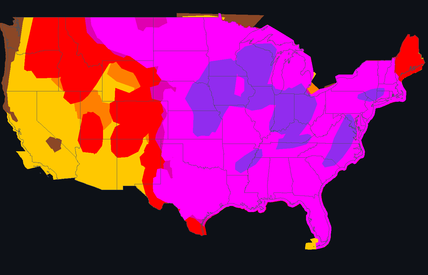 Map of the lower 48 states showing the highest damaging wind probability ever issued for each location